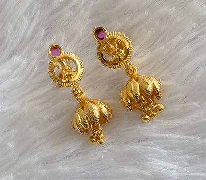 Gold tone pink stone small lakshmi lotus jhumkka dj-54404