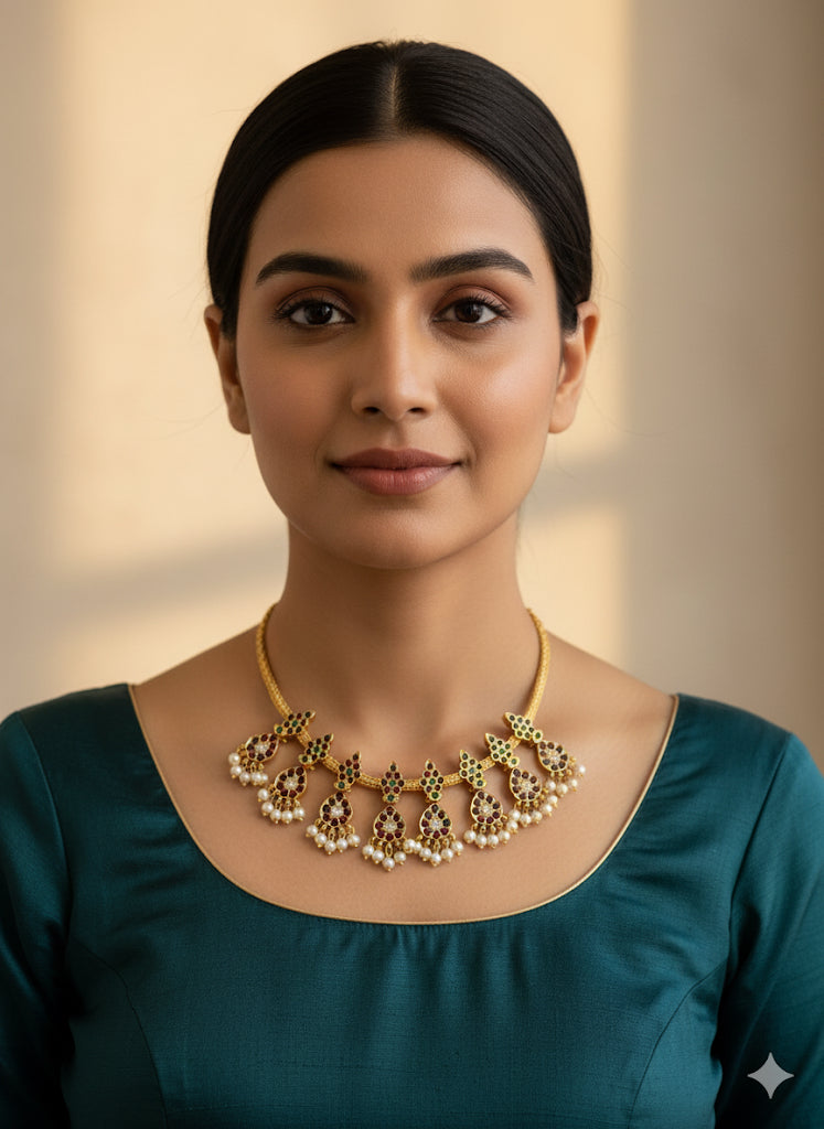 Gold tone precious kemp-green pearl necklace dj-52287