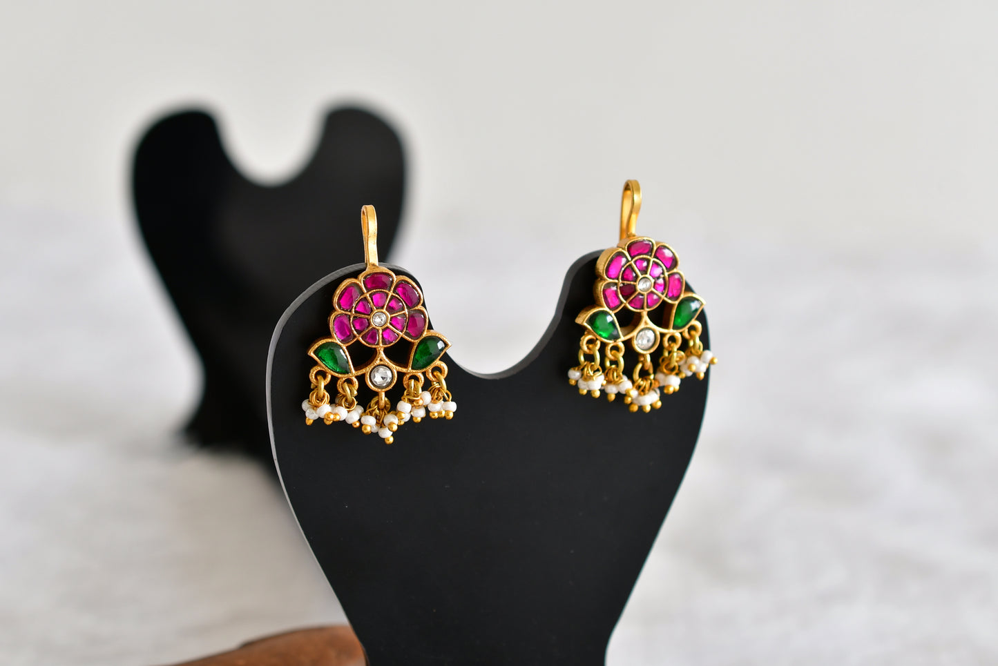 Gold tone pink-green-white kundan jadau flower bugadi earrings dj-52479