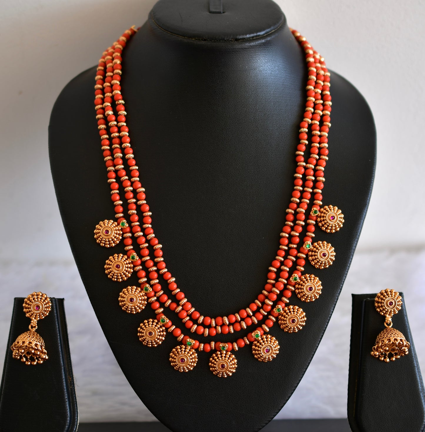 Antique gold tone flower coral beaded multi layer mala/necklace set dj-52693