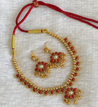 Antique gold tone coral-pearl stone reversible mango necklace set dj-54085