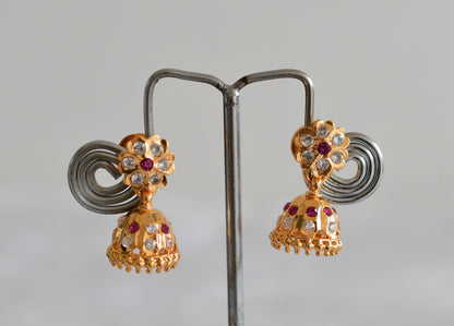 Gold tone AD pink-white flower small jhumkka dj-51892