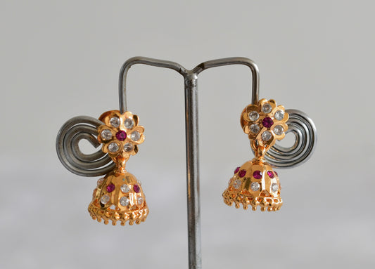 Gold tone AD pink-white flower small jhumkka dj-51892