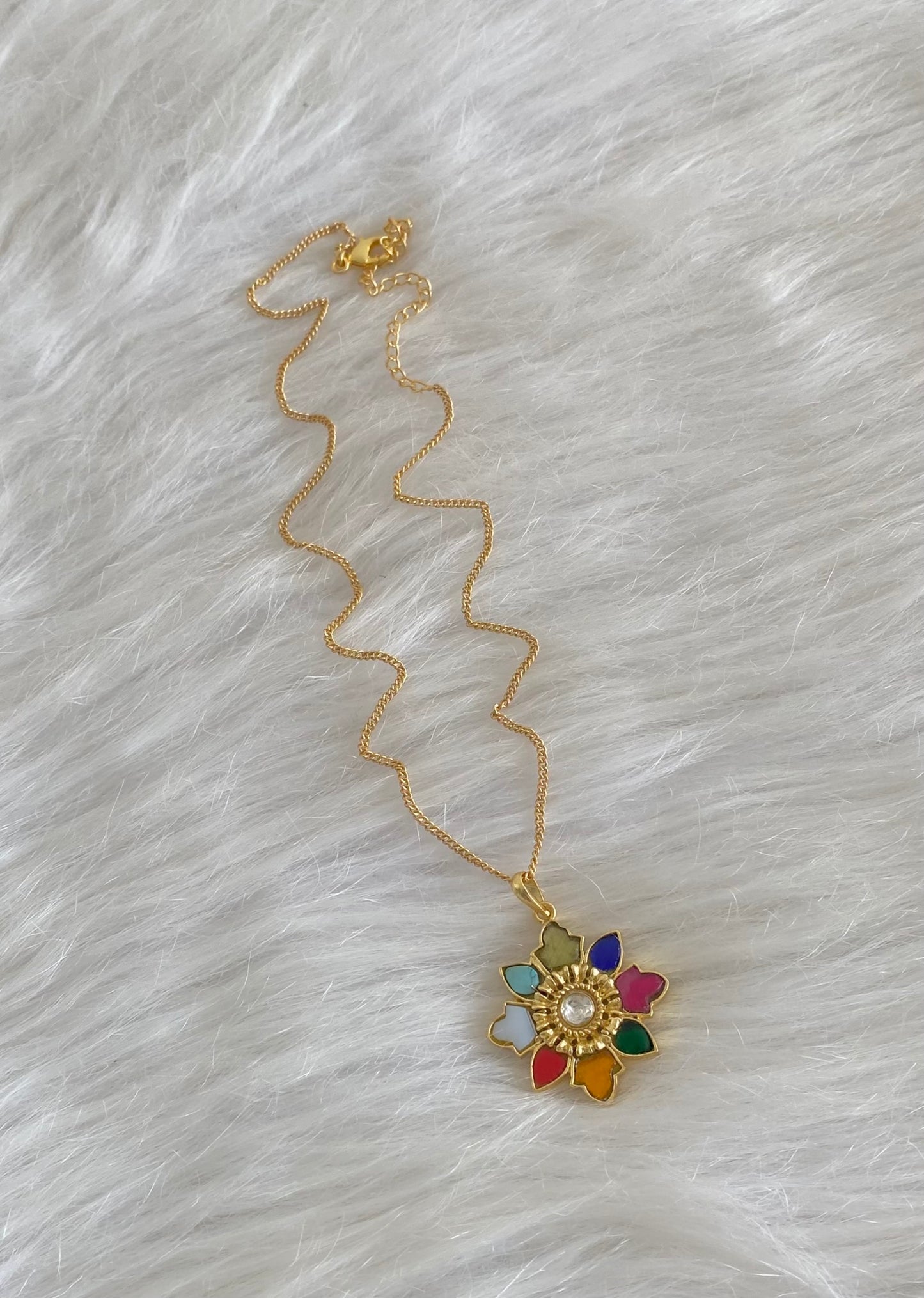 Gold tone navarathna flower kundan jadau chain with pendant dj-54501