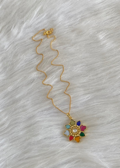 Gold tone navarathna flower kundan jadau chain with pendant dj-54501