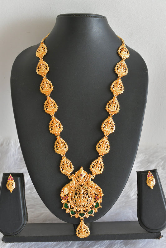 Gold tone pink-green palakka lakshmi peacock haar set dj-51835
