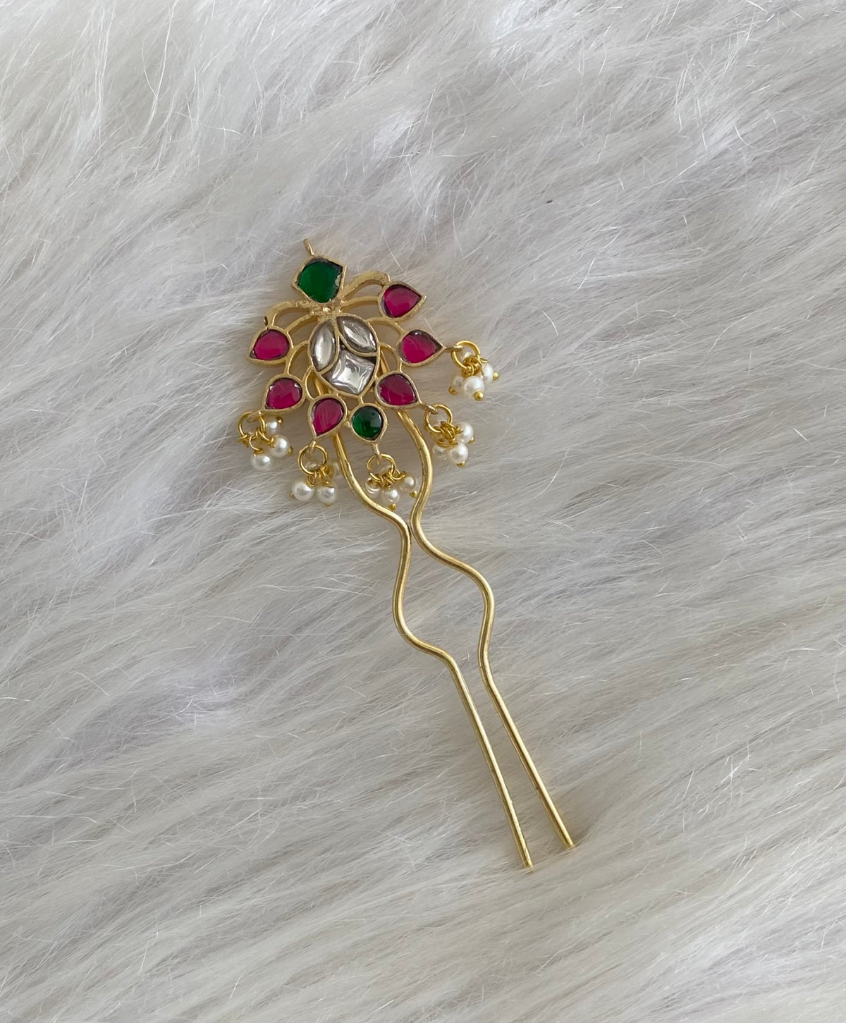 Gold tone kundan jadau kemp-green-white pearl hair jewel/pin dj-55062