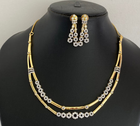 Two tone cz white stone double layer necklace set dj-54345