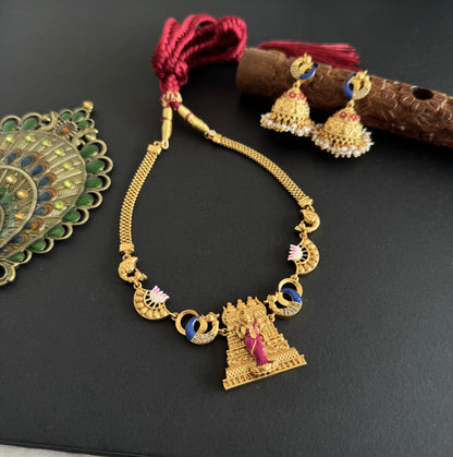 Matte finish Red-pink-blue meenakari Ma Meenakshi necklace set dj-52075