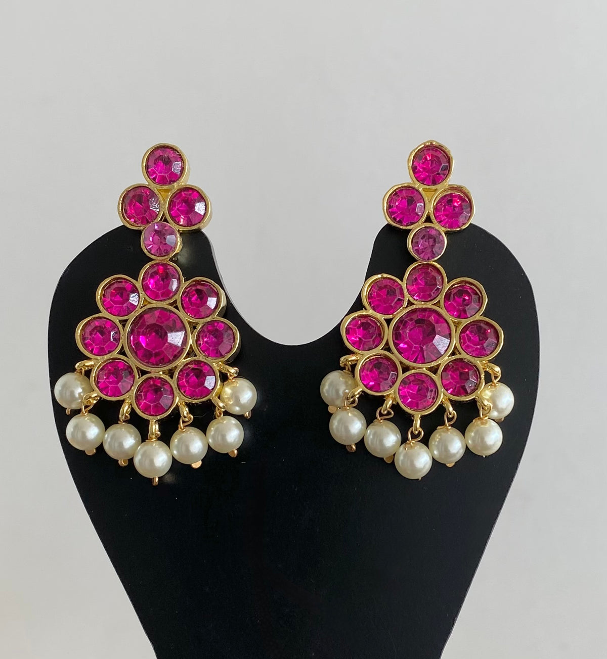 Gold tone AD balaji/rani pink stone pearl flower earrings dj-55134
