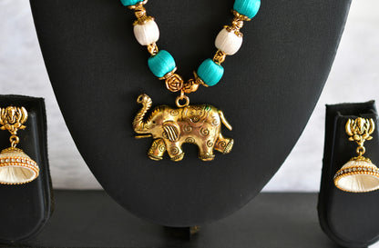 Antique gold tone green-white silk thread Elephant pendant necklace set dj-51946