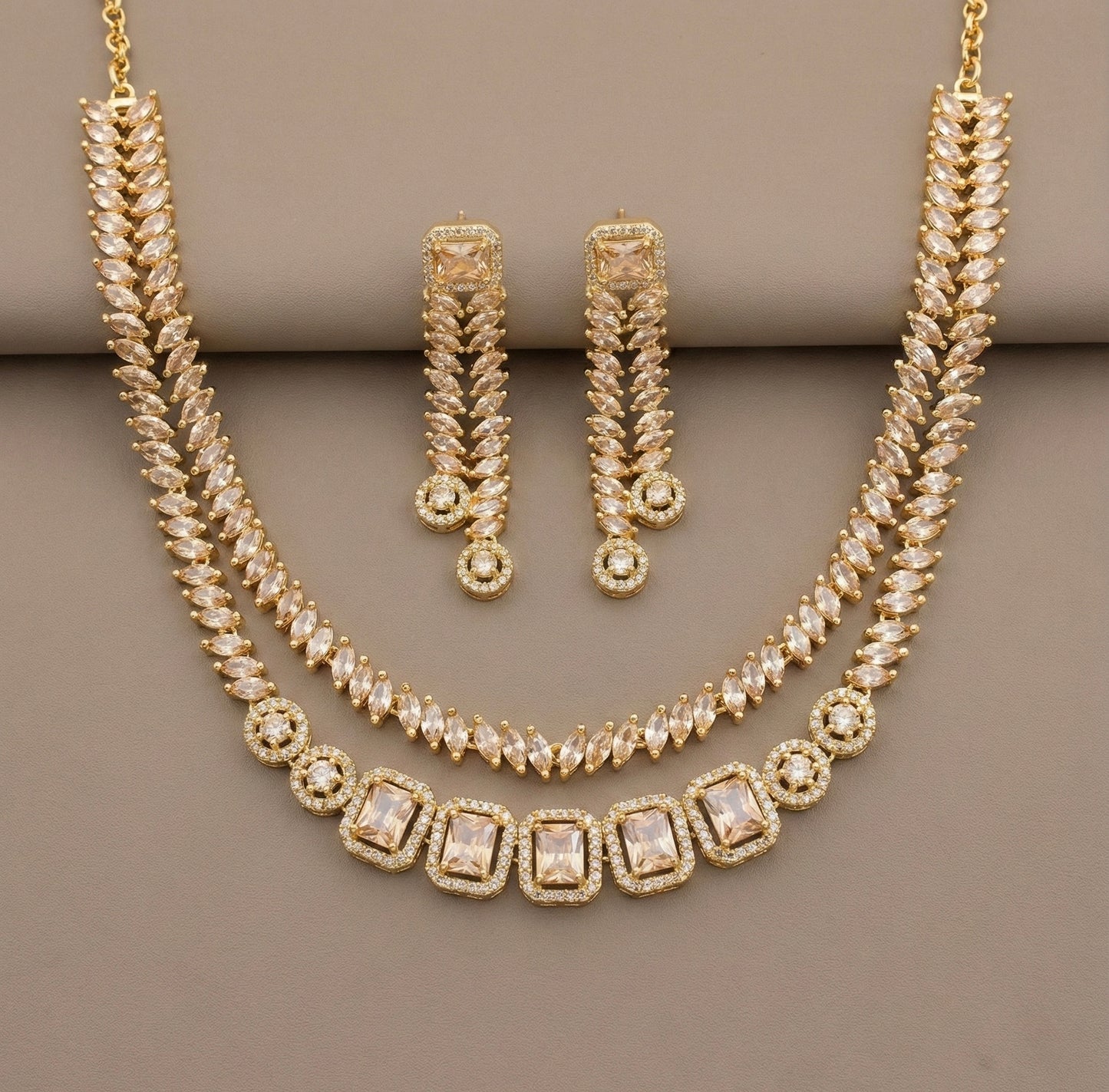 Gold tone gold stone double layer necklace set DJ-24541