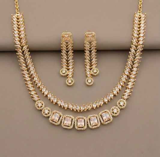 Gold tone gold stone double layer necklace set DJ-24541