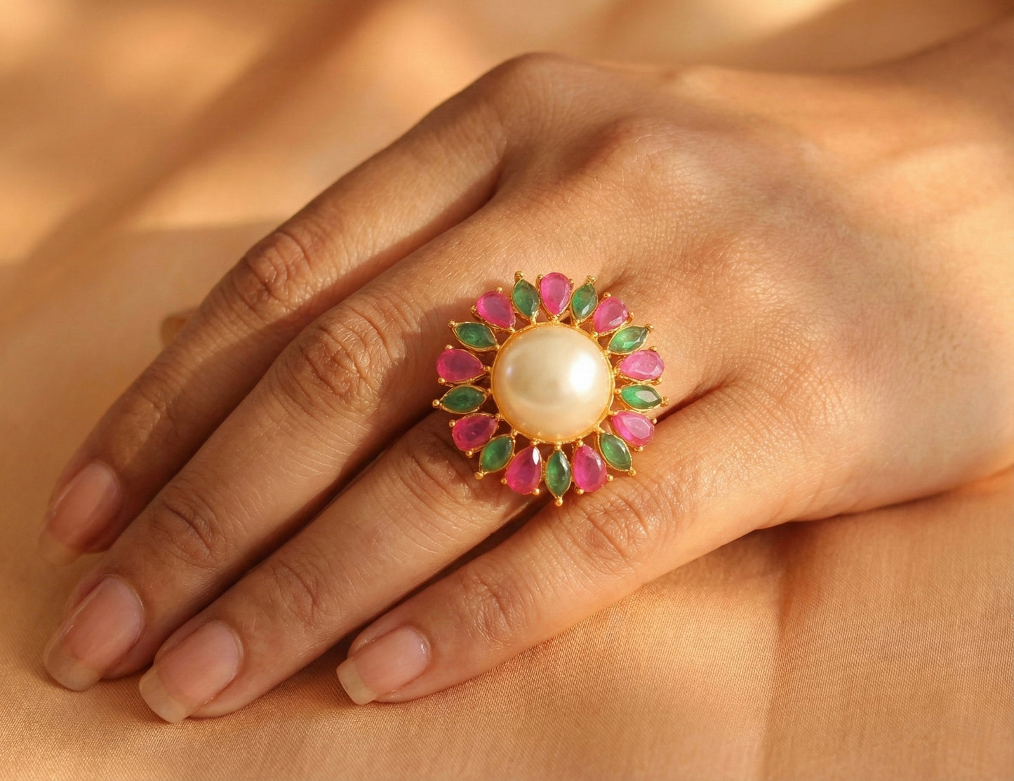 Gold tone Cz Ruby-emerald Finger Ring-dj17044