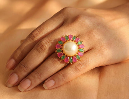 Gold tone Cz Ruby-emerald Finger Ring-dj17044