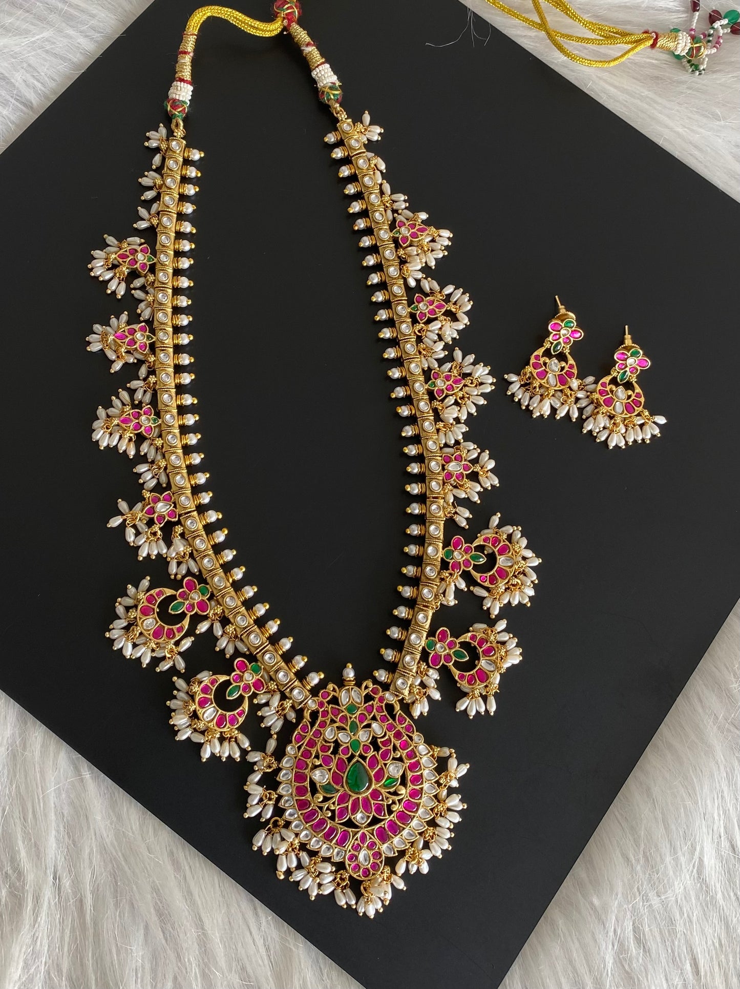 Antique gold tone peacock kundan jadau rice pearl haar set dj-54154