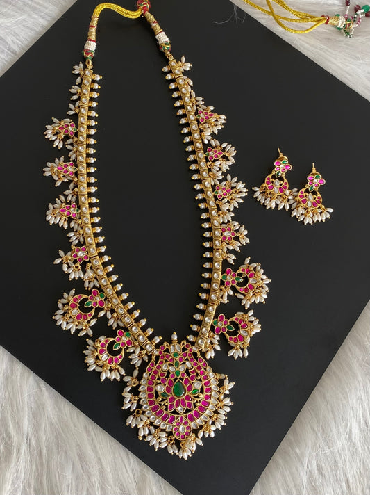 Antique gold tone peacock kundan jadau rice pearl haar set dj-54154