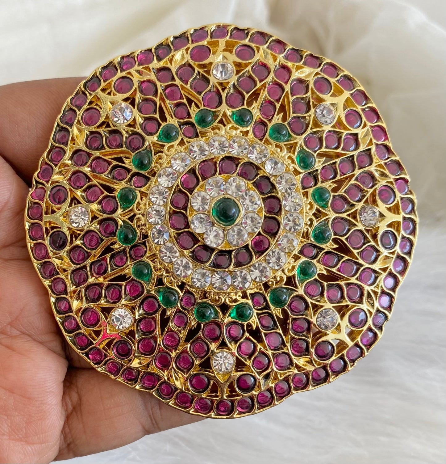 Gold tone precious kemp-white-green round hair jewel(rakodi)dj-53926