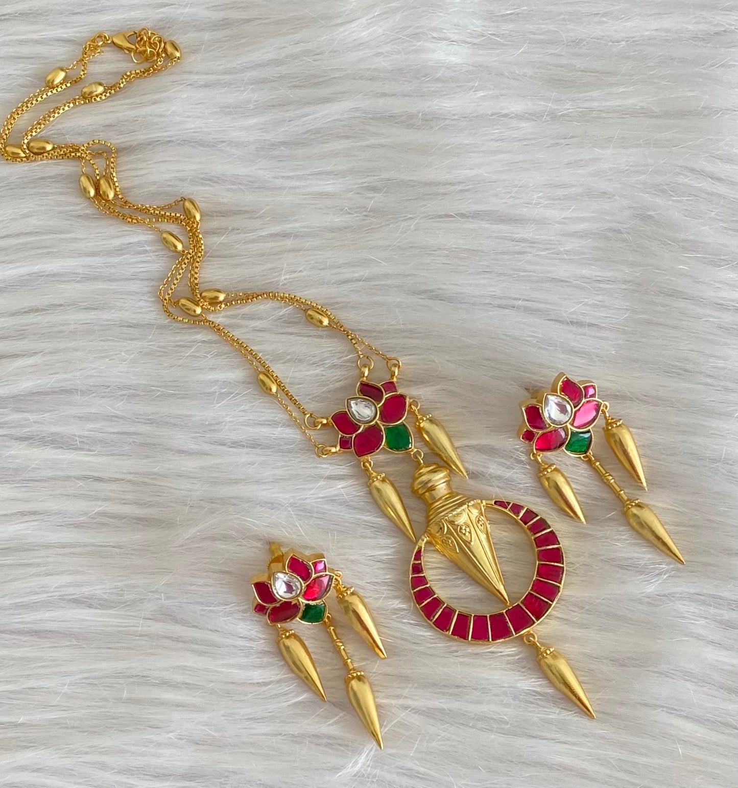 Gold tone double layer lotus kundan jadau necklace set dj-54192