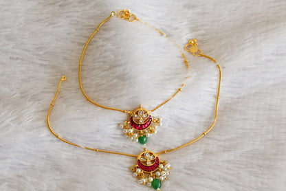 Gold tone pink-green pearl kundan jadau anklets dj-52386