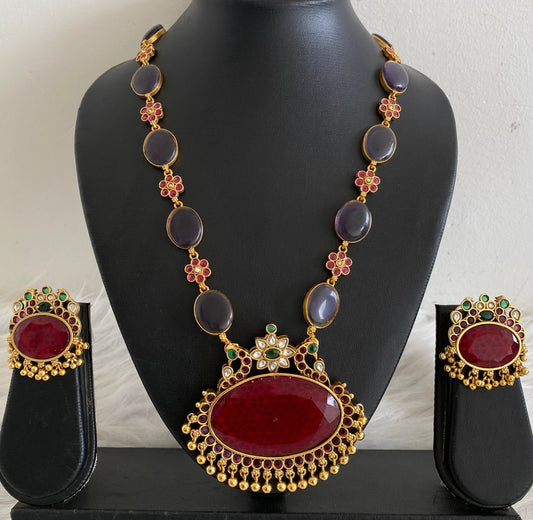 Matte finish purple stone big red oval peacock pendant short haar set dj-54254