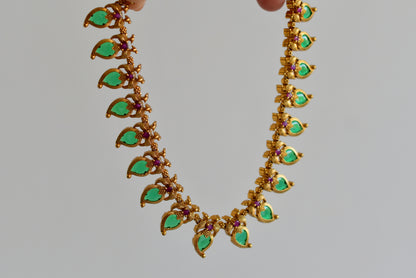 Matte finish ruby-green peacock mango necklace set dj-52411