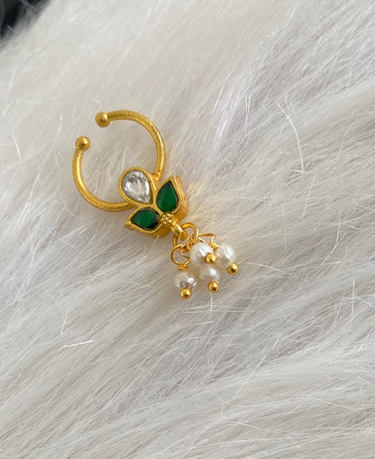 Gold tone kundan jadau green-white stone pearl nose pin/bulakku dj-53801
