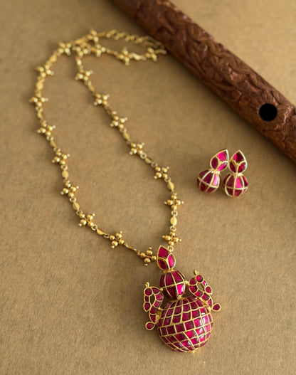 Matte finish pink kundan jadau peacock kalash necklace set dj-51538