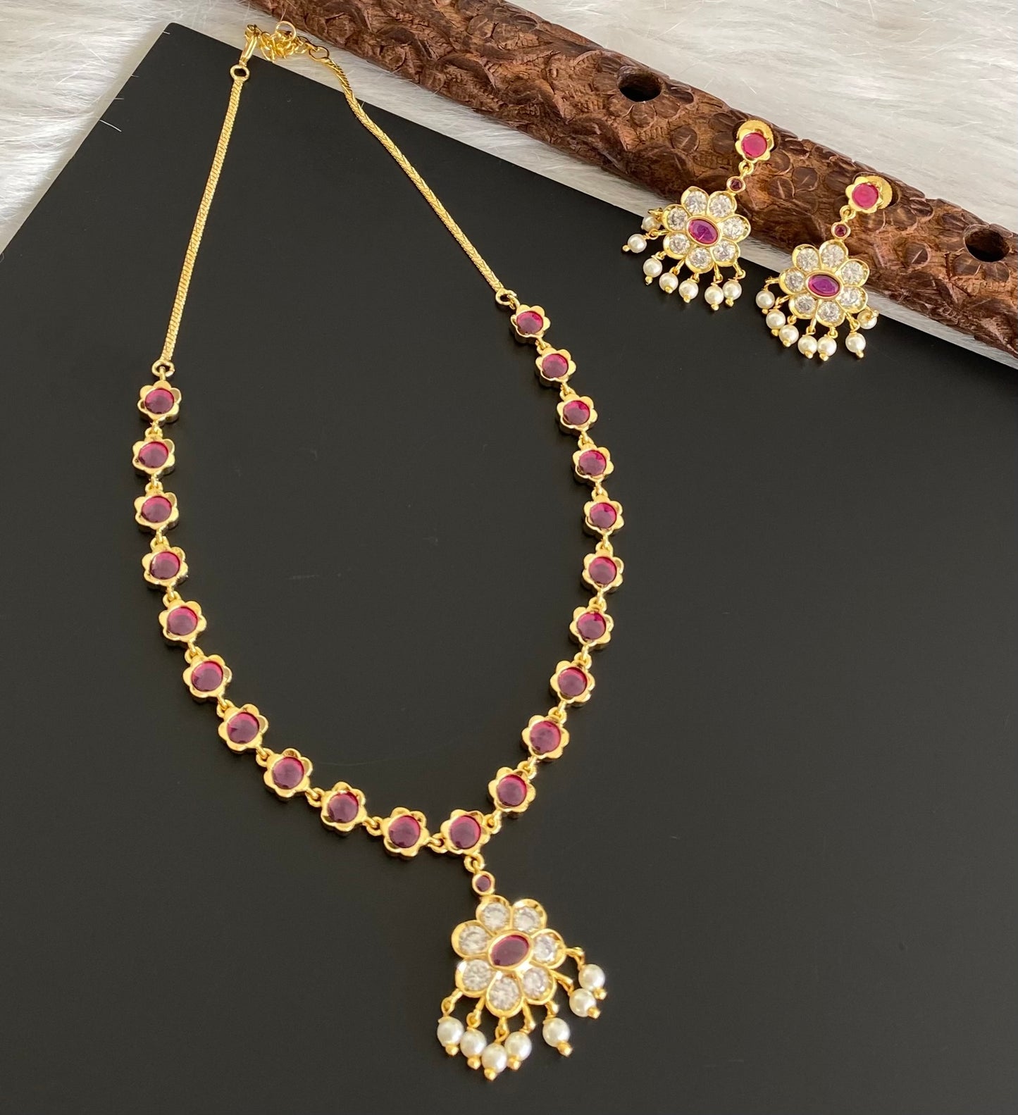 Gold tone pink-white stone pearl necklace set dj-54237