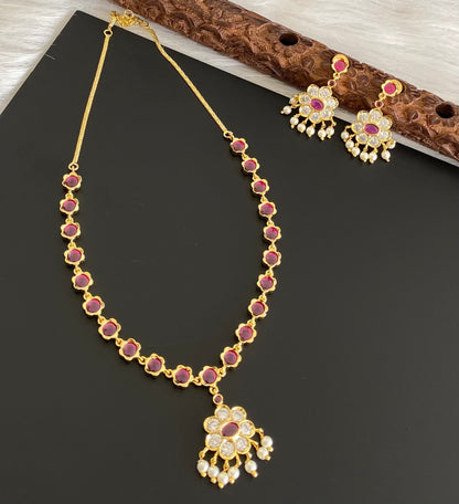 Gold tone pink-white stone pearl necklace set dj-54237