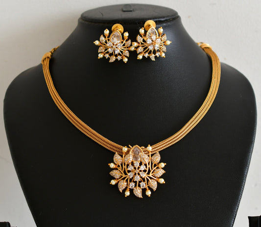 Matte finish cz white stone pearl choker/necklace set dj-54021
