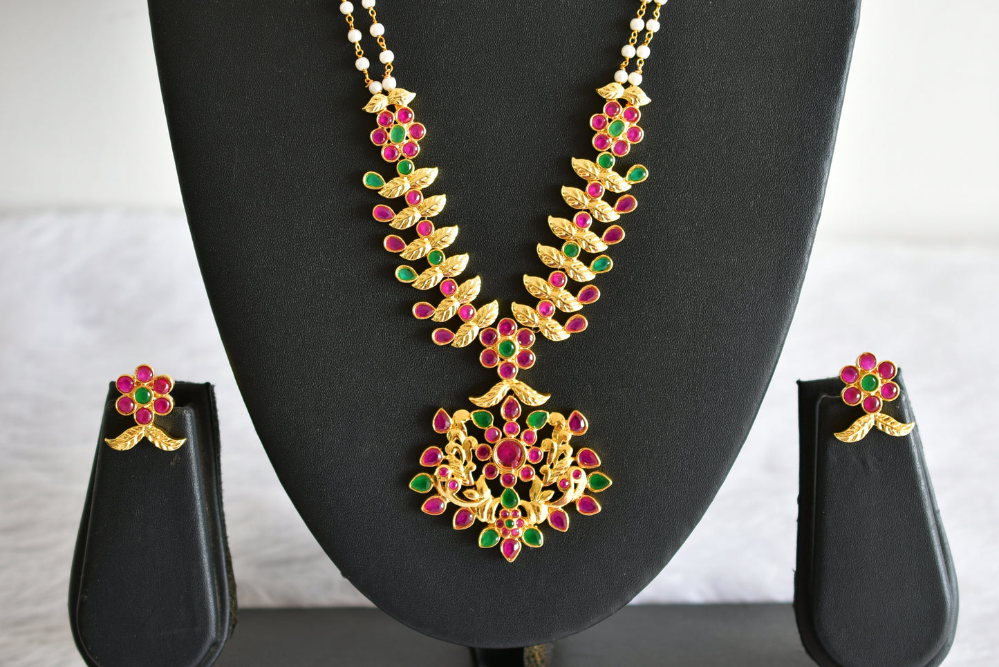 Gold tone Ruby-green pearl peacock haar set dj-51951