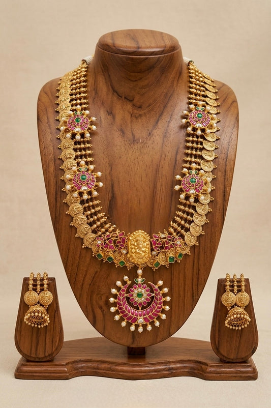 Matte finish kundan jadau Lakshmi coin haar set dj-38175