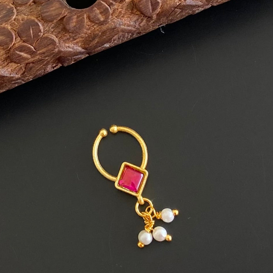 Gold tone pink stone pearl nose pin/bulakku dj-53816