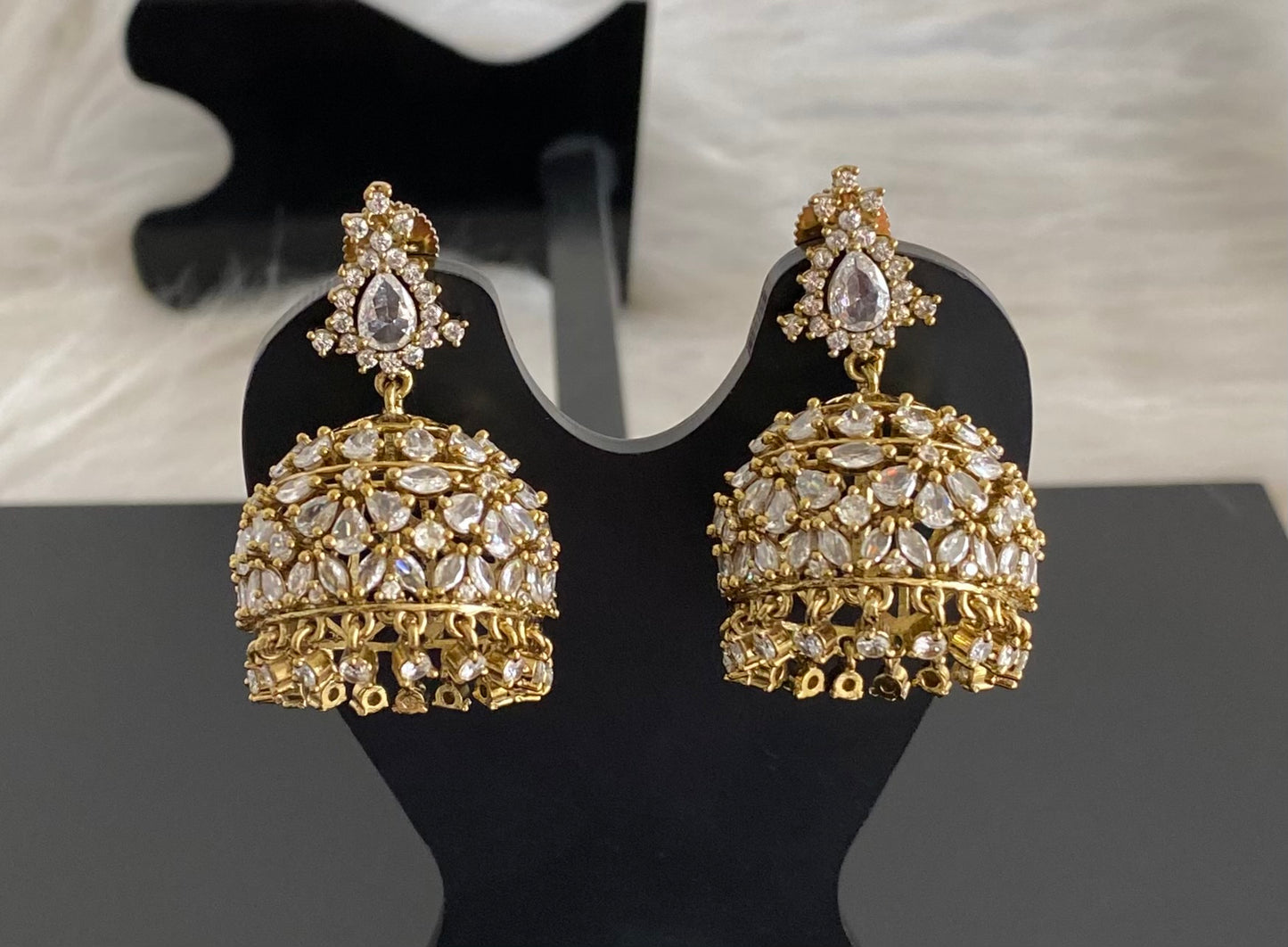 Dark antique gold tone white stone jhumkka dj-54646