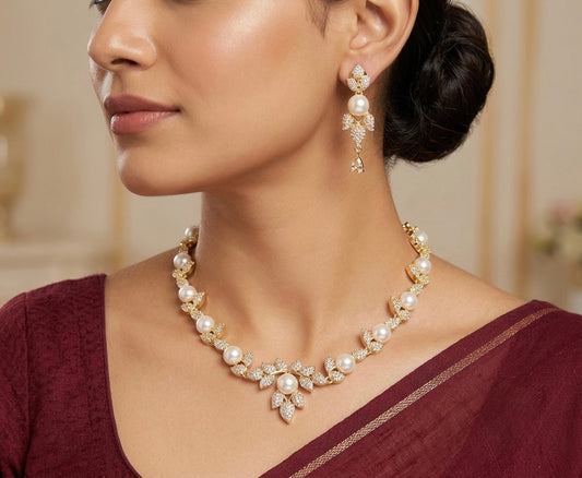 Gold tone cz white stone pearl necklace set dj-54343