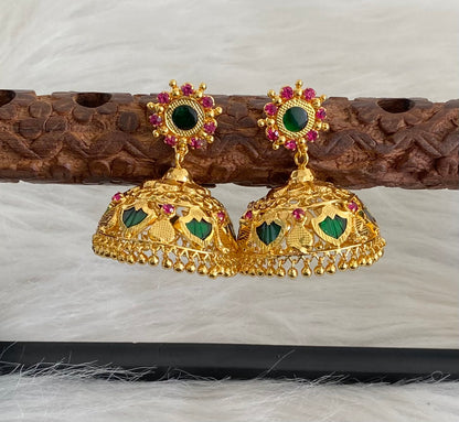 Gold tone kerala style pink-green 6 petal palakka jhumkka dj-54537