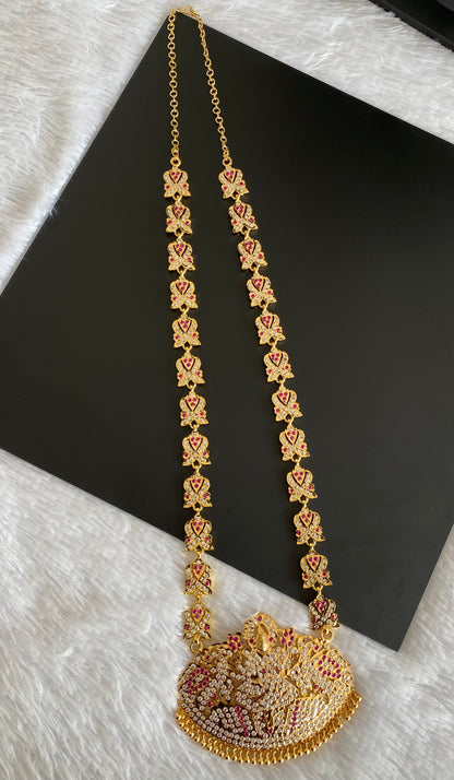 Gold tone south indian style grand AD pink-white peacock lakshmi haar dj-53257