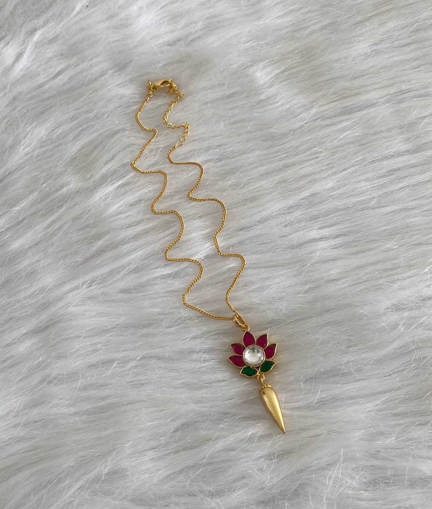 Gold tone kemp-green-white lotus kundan jadau chain with pendant dj-54497