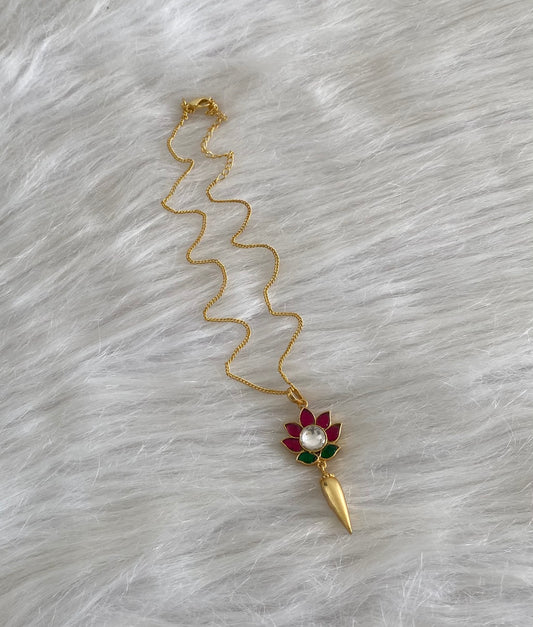 Gold tone kemp-green-white lotus kundan jadau chain with pendant dj-54497