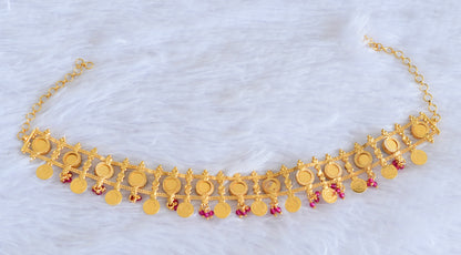 Gold tone kerala style pink-green round laksmi coin choker necklace dj-53088