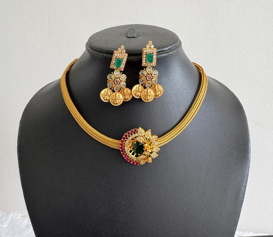 Matte finish ruby-emerald-white Lakshmi coin necklace set dj-52237
