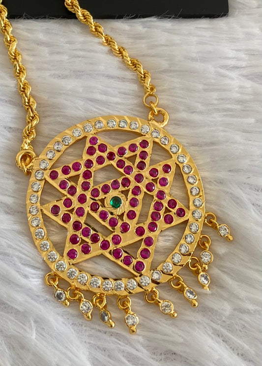 Gold tone 24 inches chain with AD pink-white-green chakram pendant dj-53262