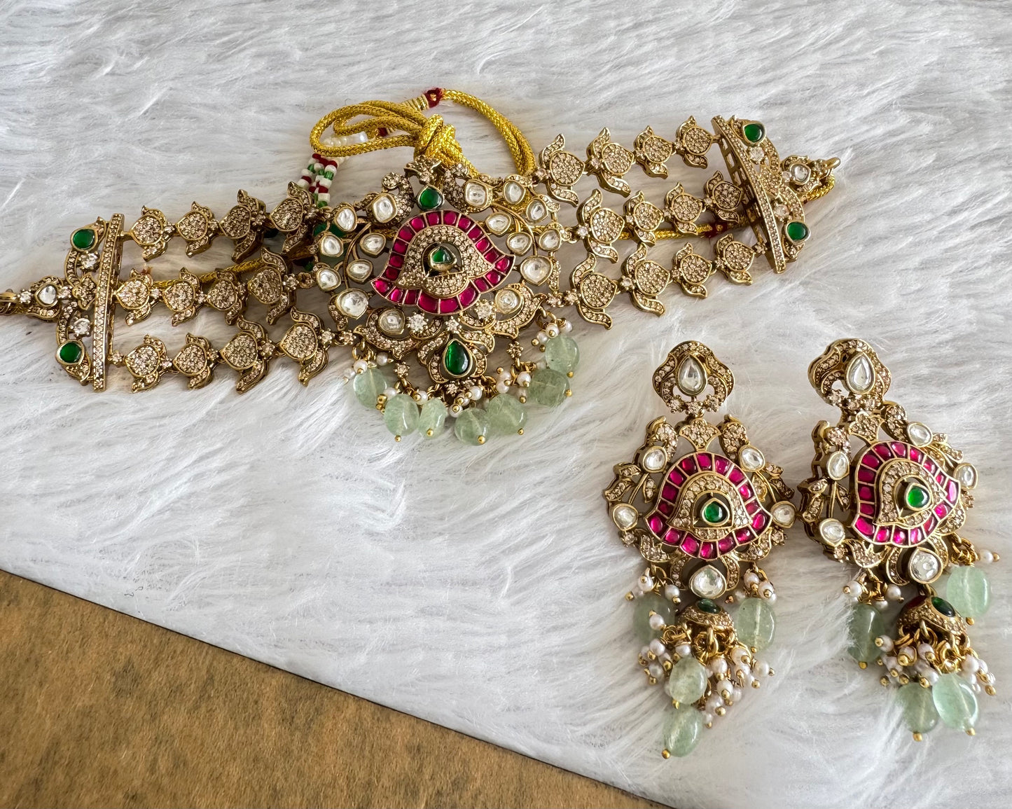Antique gold tone cz pink-green kundan jadau choker necklace set dj-51560