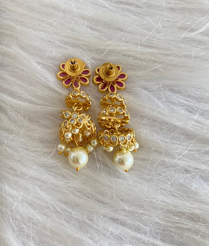 Antique gold tone kemp-white stone pearl step jhumkka dj-54631