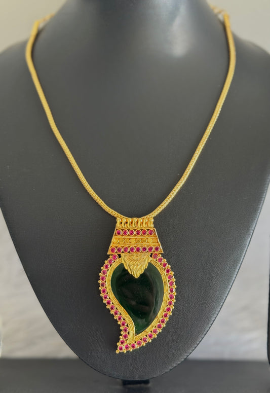 Gold tone pink-green kerala style mango kodi necklace dj-51694