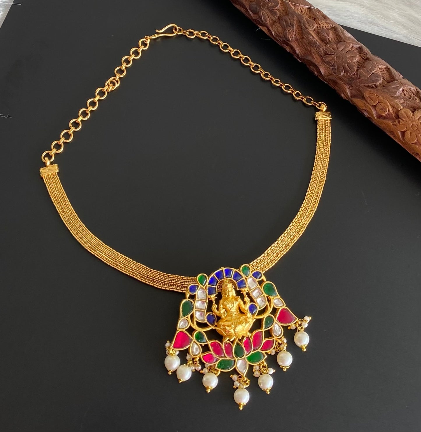 Antique gold tone blue-pink-green kundan jadau pearl lakshmi necklace dj-54180