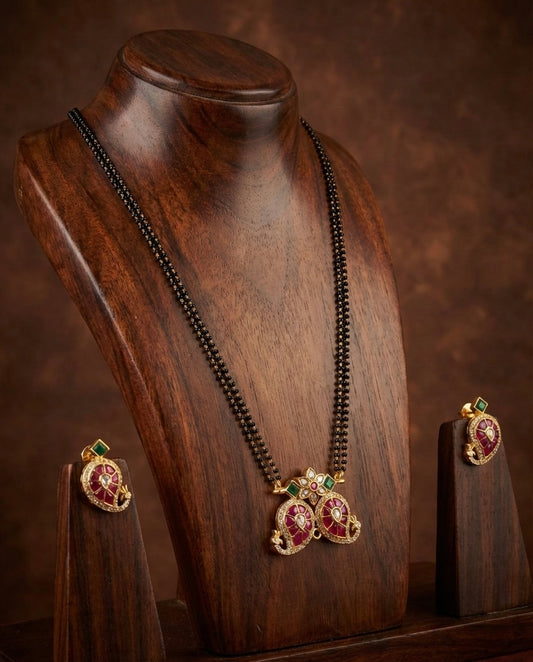 Matte finish pink-green-white kundan jadau mango 24 inches mangalsutra set dj-51540
