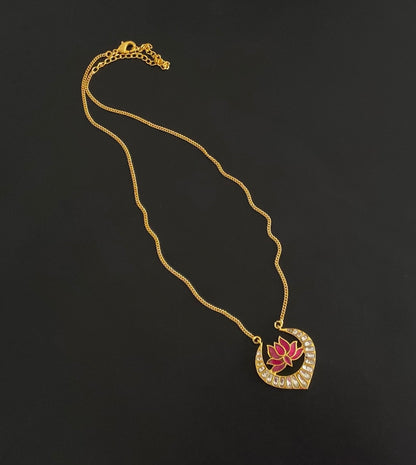Gold tone white-pink lotus kundan jadau chain with pendant dj-54504