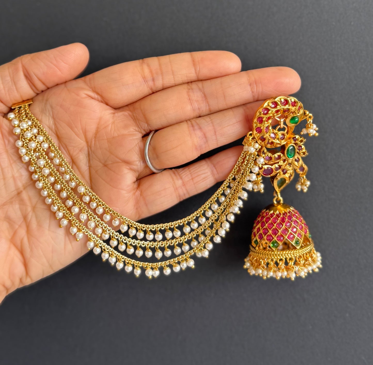 Matte finish kemp-green peacock jhumkka with pearl multilayer ear side chain dj-51492